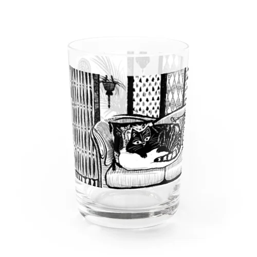 版画風のんびり猫ちゃん（色の濃い飲み物用） Water Glass