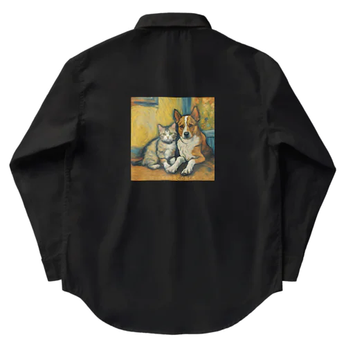 ゴッホが描いたような仲良しの猫と犬 Work Shirt