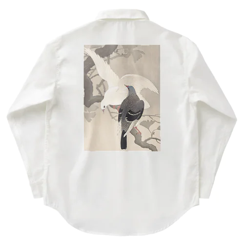 日本画：浮世絵：雨中の公孫樹に鳩 ワークシャツ