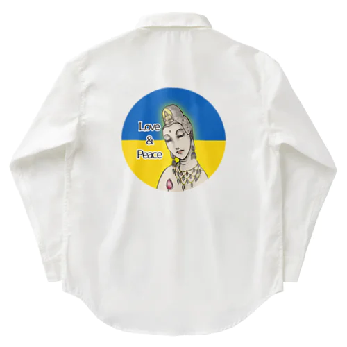 Love＆Peace観世音菩薩ウクライナ国旗背景 ワークシャツ