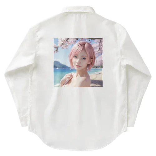 桜と青空と海とピンクの髪の女の子 Work Shirt