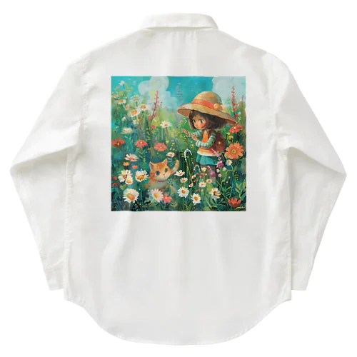 お花畑に囲まれる猫ちゃんと私 アメジスト 2846 ワークシャツ