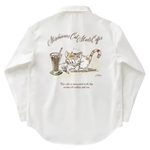いたずら猫と珈琲の出会い ワークシャツ