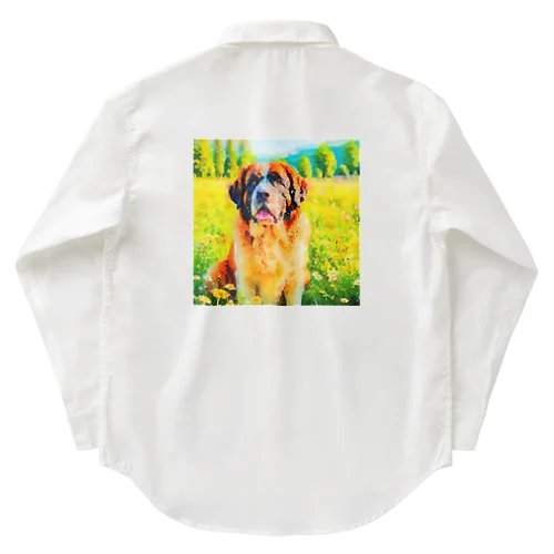 水彩画の犬 花畑のセントバーナードのイラスト Work Shirt