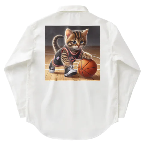 猫、バスケ好き ワークシャツ