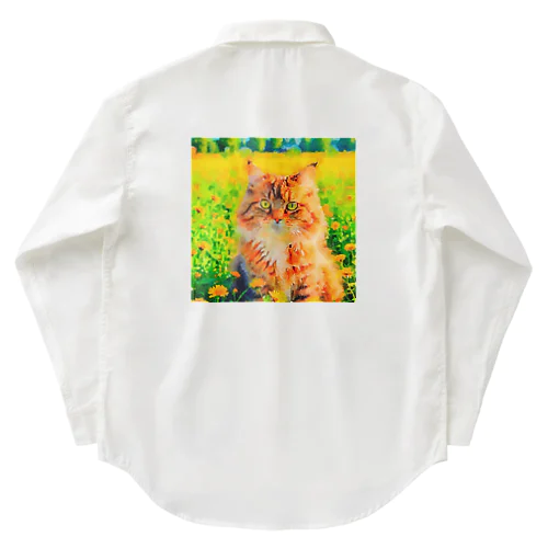 猫の水彩画/花畑のサイベリアンねこのイラスト/キジトラネコ Work Shirt