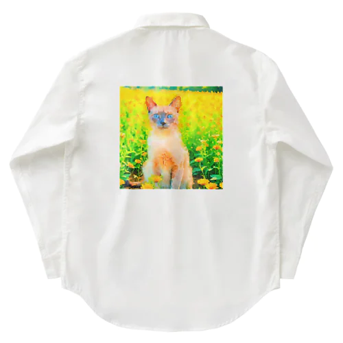 猫の水彩画/花畑のトンキニーズねこのイラスト/ポイントネコ ワークシャツ