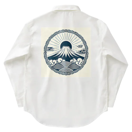 Minimalist Traditional Japanese Motif Featuring Mount Fuji and Seigaiha Patterns ワークシャツ