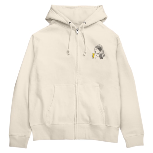 名画 × BEER（真珠の耳飾りの少女）黒線画 *文字なしver. Zip Hoodie