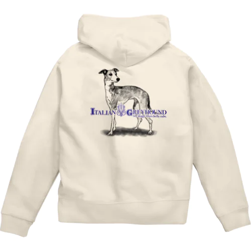 線画 イタリアングレイハウンド犬 背面プリント ジップパーカー Zip Hoodie