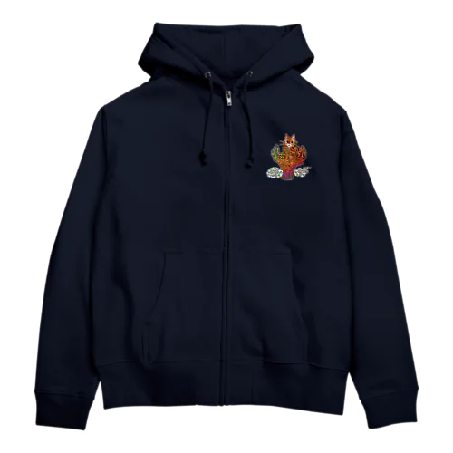 空飛ぶ火焔猫（茶トラ）濃　ワンポイント Zip Hoodie