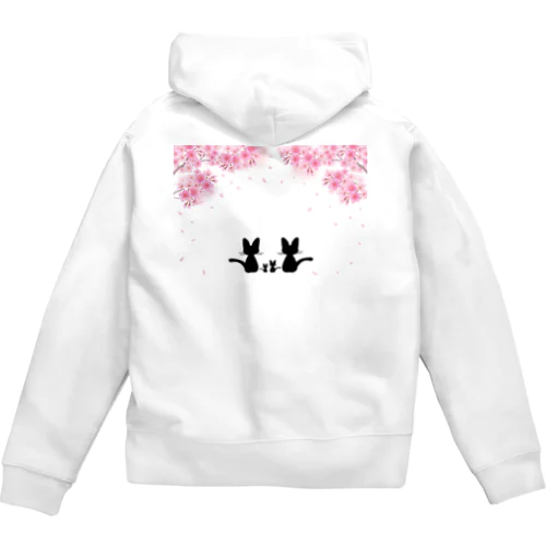 桜と黒ねこ親子 Zip Hoodie