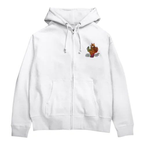 空飛ぶ火焔猫（茶トラ）淡　ワンポイント Zip Hoodie