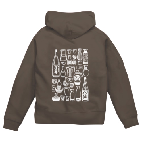日本酒が好きな人に是非着ていただきたい濃い生地用白色プリント  Zip Hoodie