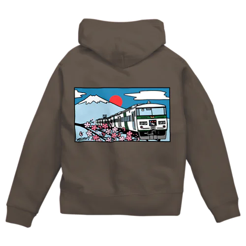 鉄道：「踊り子」18５系と富士山、桜　イラスト Zip Hoodie