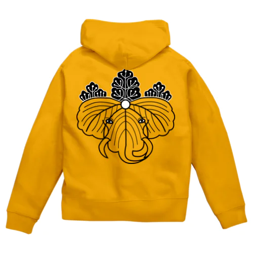 動物家紋。H.T.（桐にゾウ）黒 Zip Hoodie