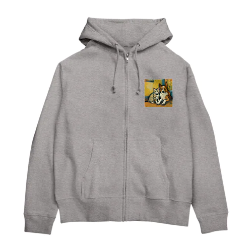 ゴッホが描いたような仲良しの猫と犬 Zip Hoodie