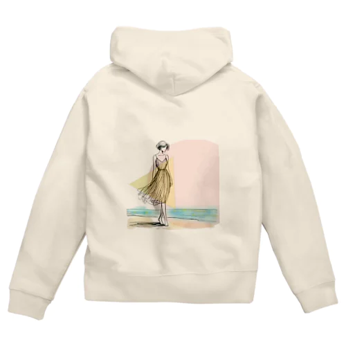 海岸を歩く女性 Zip Hoodie