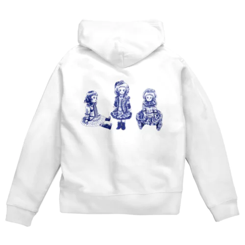 ビスクドール3人娘　デルフトブルー Zip Hoodie