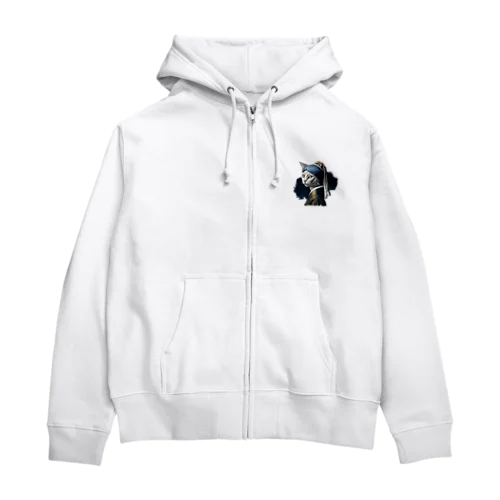 パールイヤリングをした猫- Vermeerの笑える絵画 Zip Hoodie