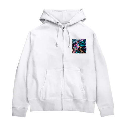 疾走するサイバースペースで、クールなにゃんこたちが都市を舞台に華麗に活躍！ Zip Hoodie