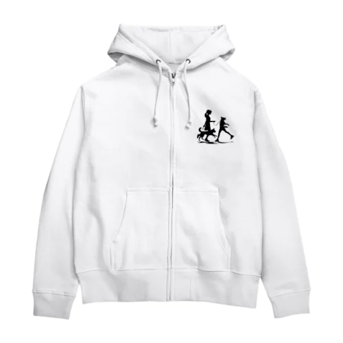 犬を散歩する女の子のシルエット Zip Hoodie