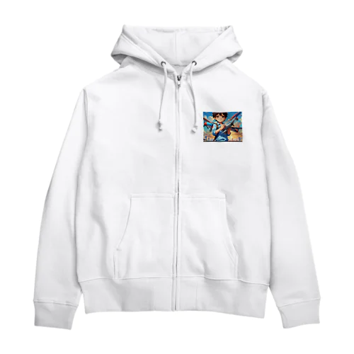 空を駆けるかっこいい飛行機模型を手にした子供 Zip Hoodie