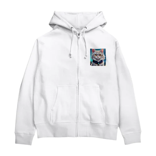 メガネをかけたおしゃれな猫 Zip Hoodie