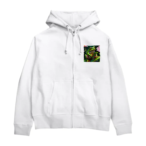 コスモスの葉をよじ登るアマガエル Zip Hoodie