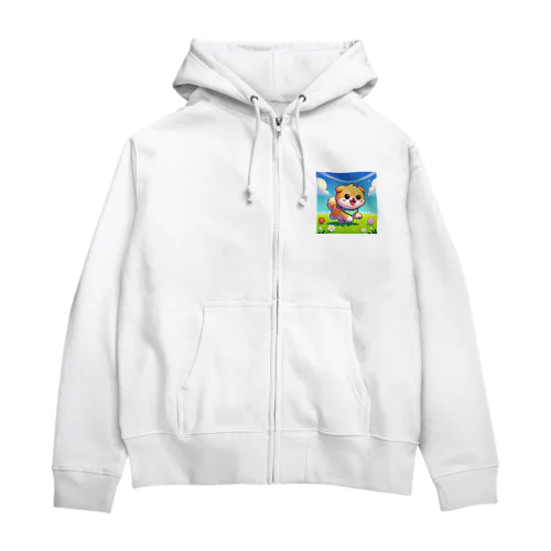 花咲く庭で楽しそうに走る柴犬ちゃん Zip Hoodie