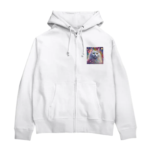 虹色に輝くかわいい白猫ちゃん2 Zip Hoodie