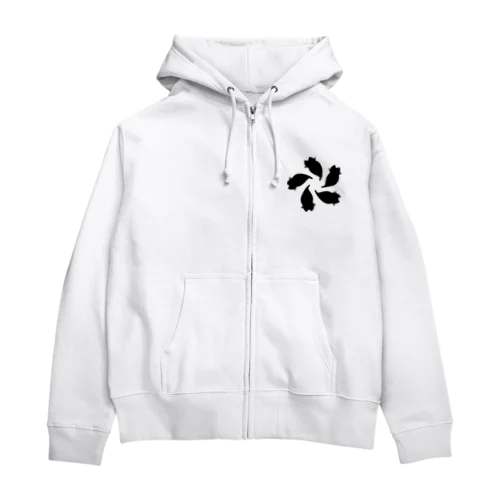 動物家紋。H.T.（変わり散り桜５ネコ）黒 Zip Hoodie