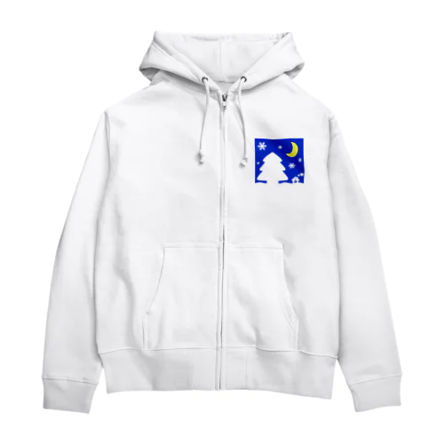 大きな木と月が浮かぶかわいい雪景色（黄色） Zip Hoodie