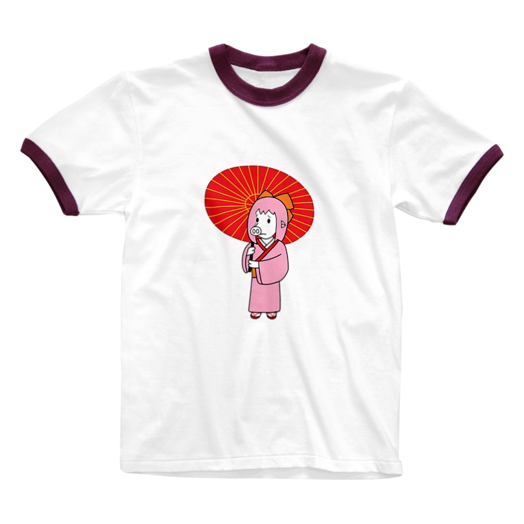 お豚 とん さん 和傘をさす 豚人イラストのパンダ武島 Pandatakeshima のリンガーtシャツ通販 Suzuri スズリ