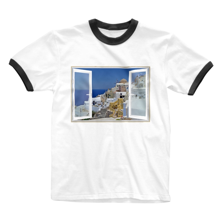 どこでも窓 エーゲ海サントリーニ島 Taxi Kitano Taxi のリンガーtシャツ通販 Suzuri スズリ