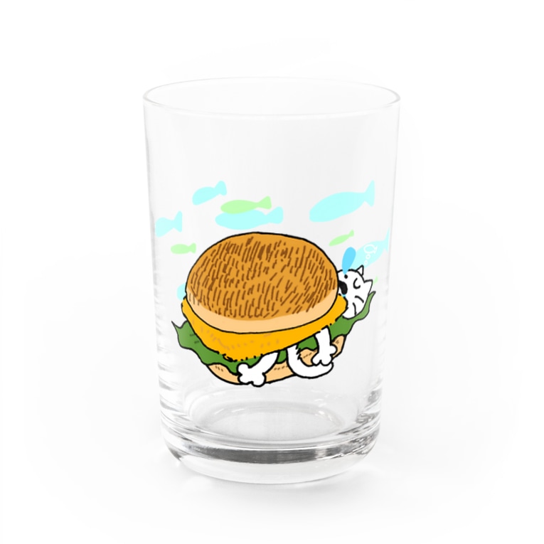 お魚バーガーでスヤな猫 Water Glass By あめ屋 Can Suzu Suzuri